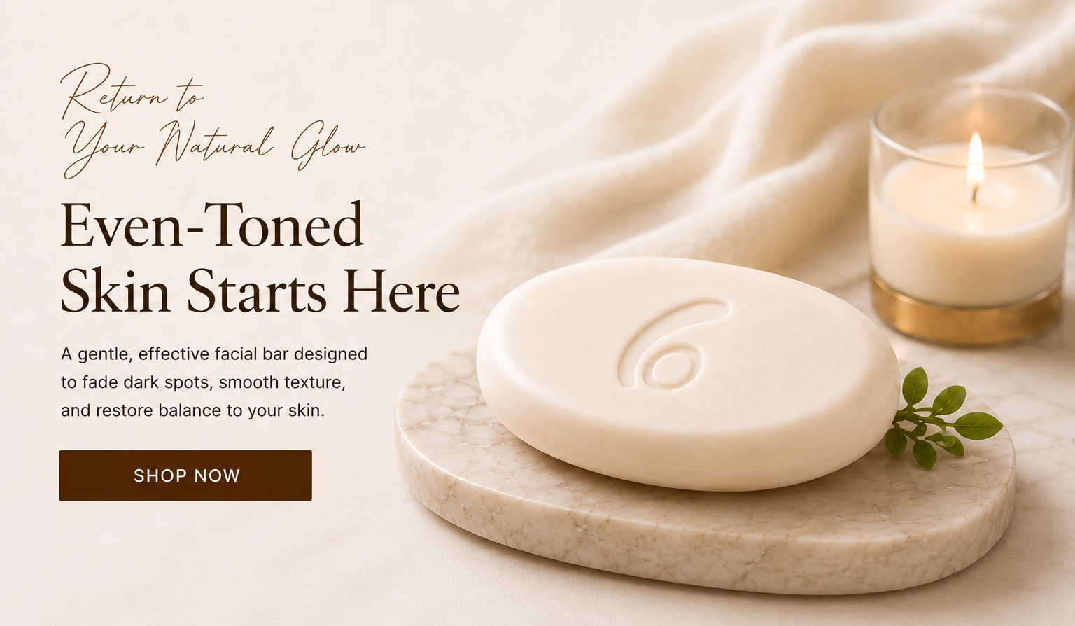Facial soap bar on a marble tray with a candle and text about skincare.